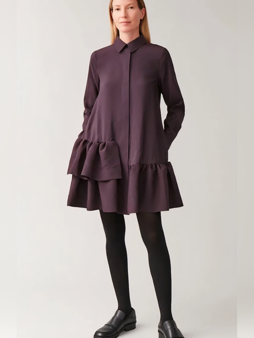 COS Ruffle Peplum A-Line Swing Dress Modern Lagenlook Artsy Pockets Size 12